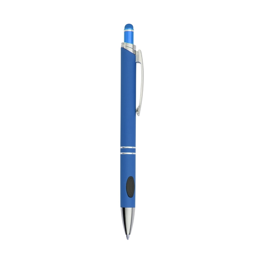 Caneta de metal touch emborrachada com detalhe oval na pega personalizada com a logo da empresa