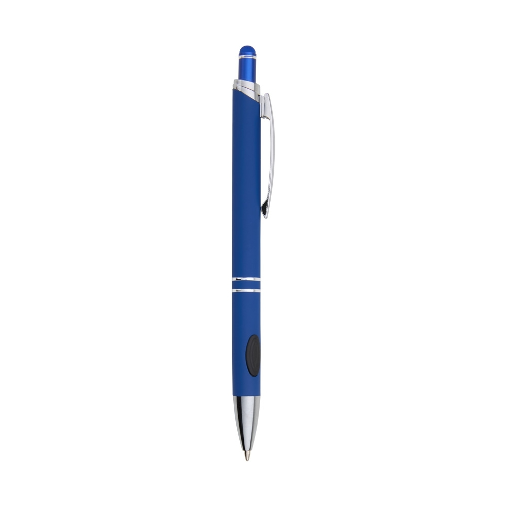 Caneta de metal touch emborrachada com detalhe oval na pega personalizada com a logo da empresa, na cor azul escuro