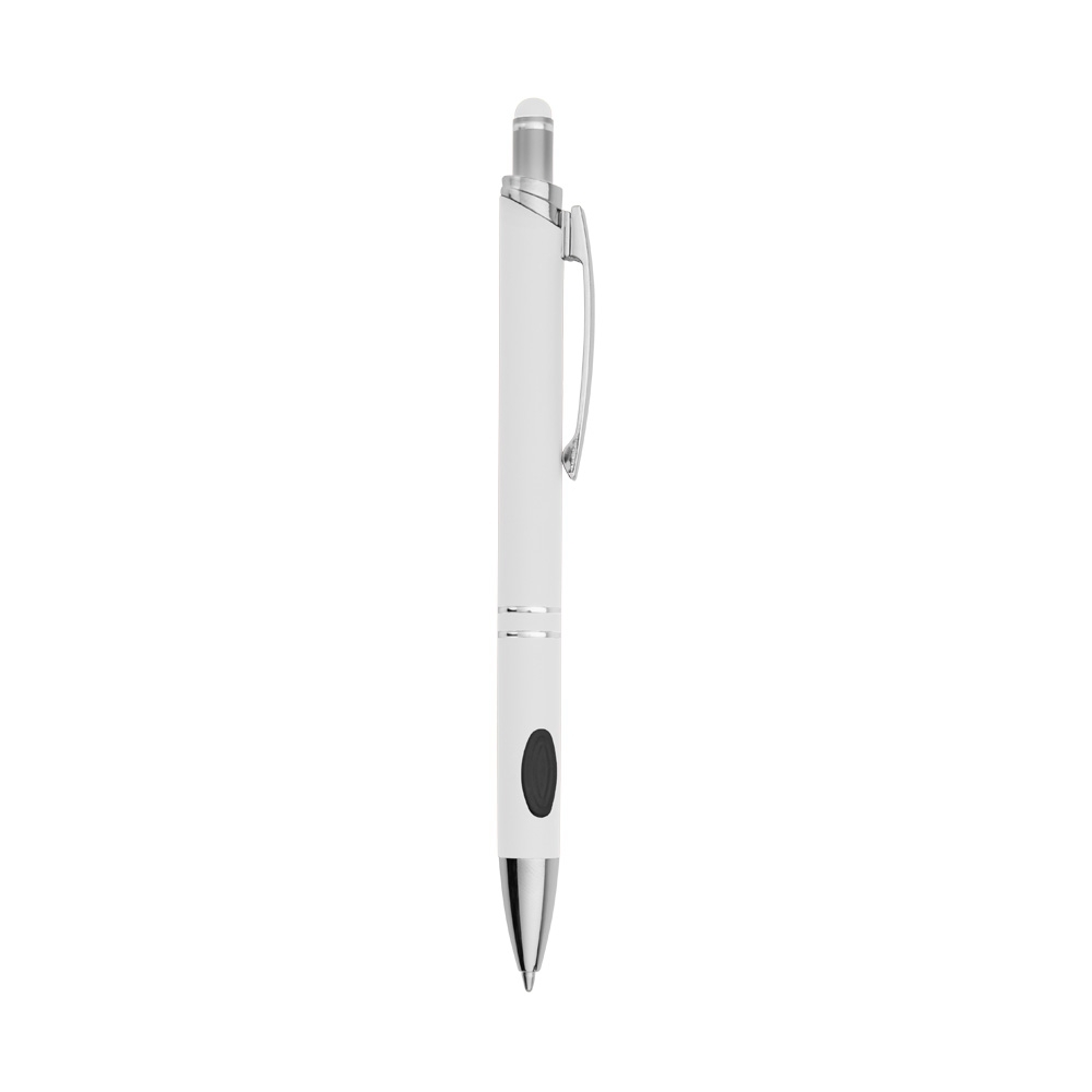 Caneta de metal touch emborrachada com detalhe oval na pega personalizada com a logo da empresa, na cor branco