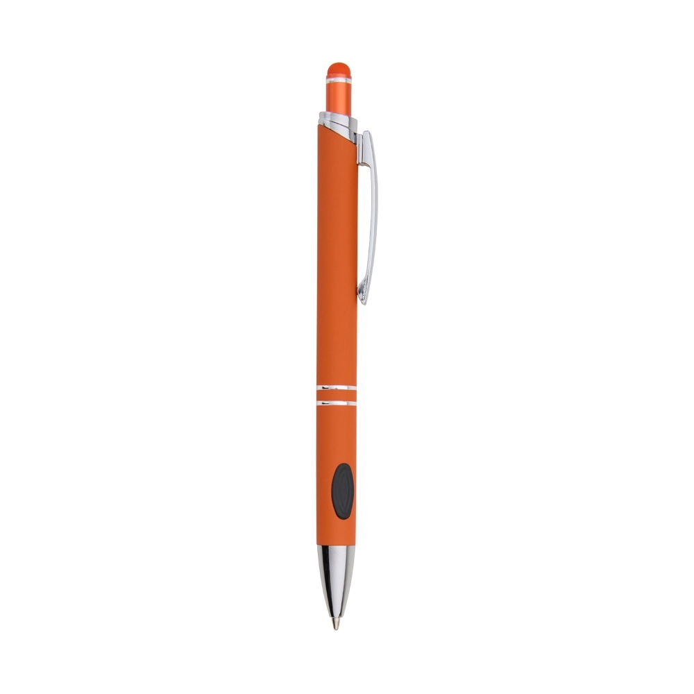 Caneta de metal touch emborrachada com detalhe oval na pega personalizada com a logo da empresa, na cor laranja