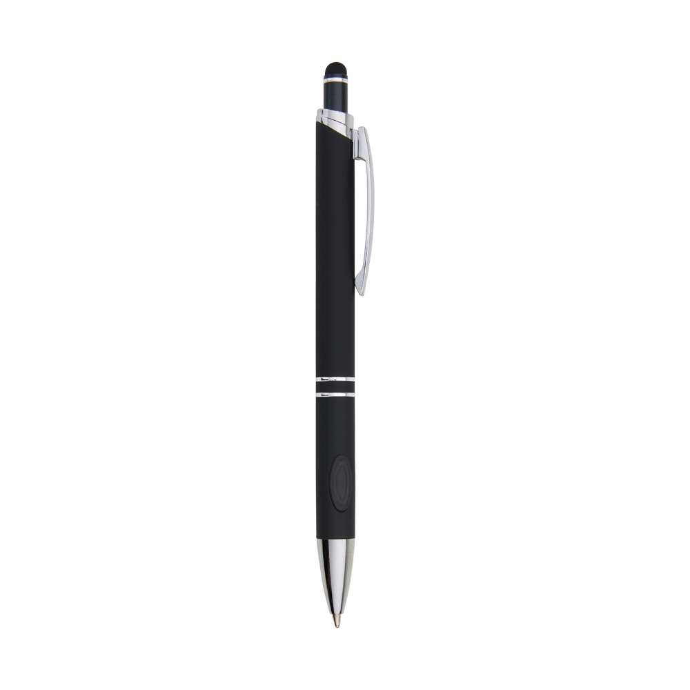 Caneta de metal touch emborrachada com detalhe oval na pega na cor Preto, personalizada com a logo da empresa