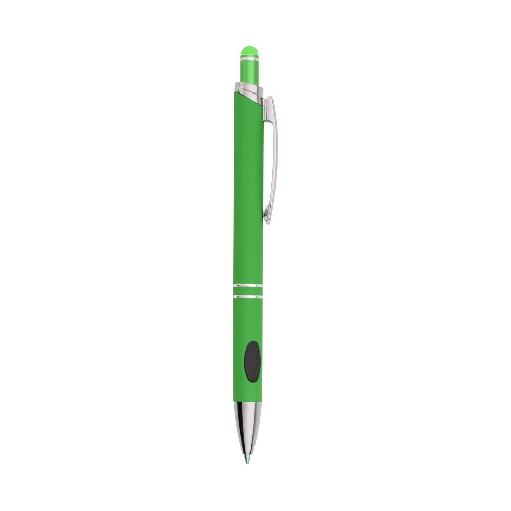 Caneta de metal touch emborrachada com detalhe oval na pega personalizada com a logo da empresa, na cor verde