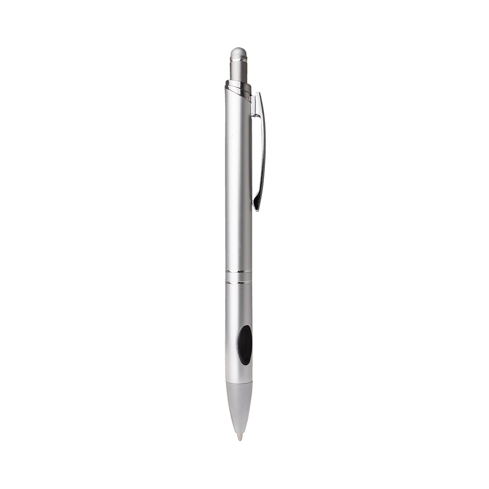 Caneta de metal touch brilhante com detalhe emborrachado na pega personalizada com a logo da empresa, na cor prata