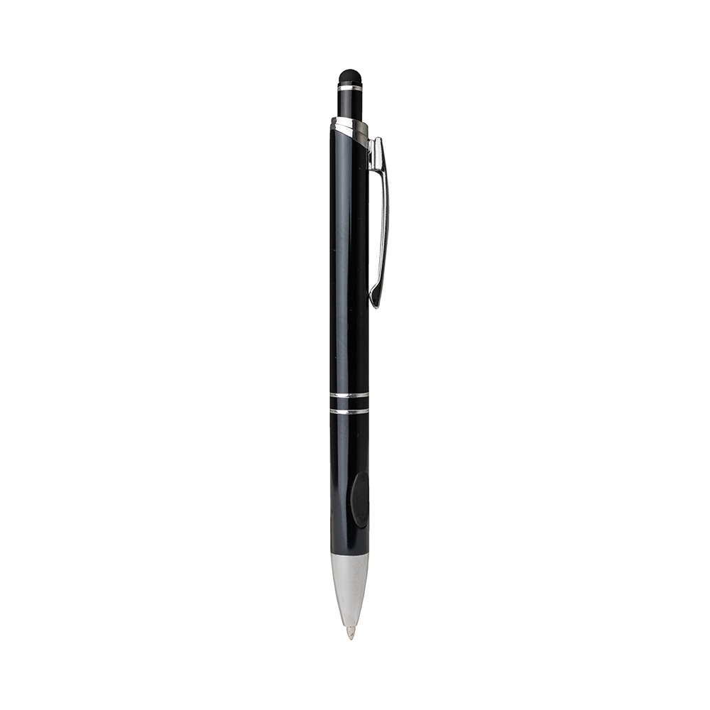 Caneta de metal touch brilhante com detalhe emborrachado na pega na cor Preto, personalizada com a logo da empresa