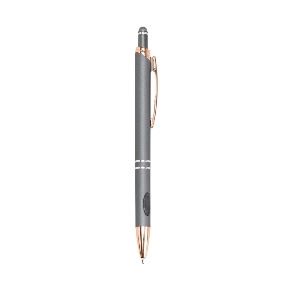 Caneta de metal touch com detalhes de plástico personalizada com a logo da empresa, na cor chumbo / cobre