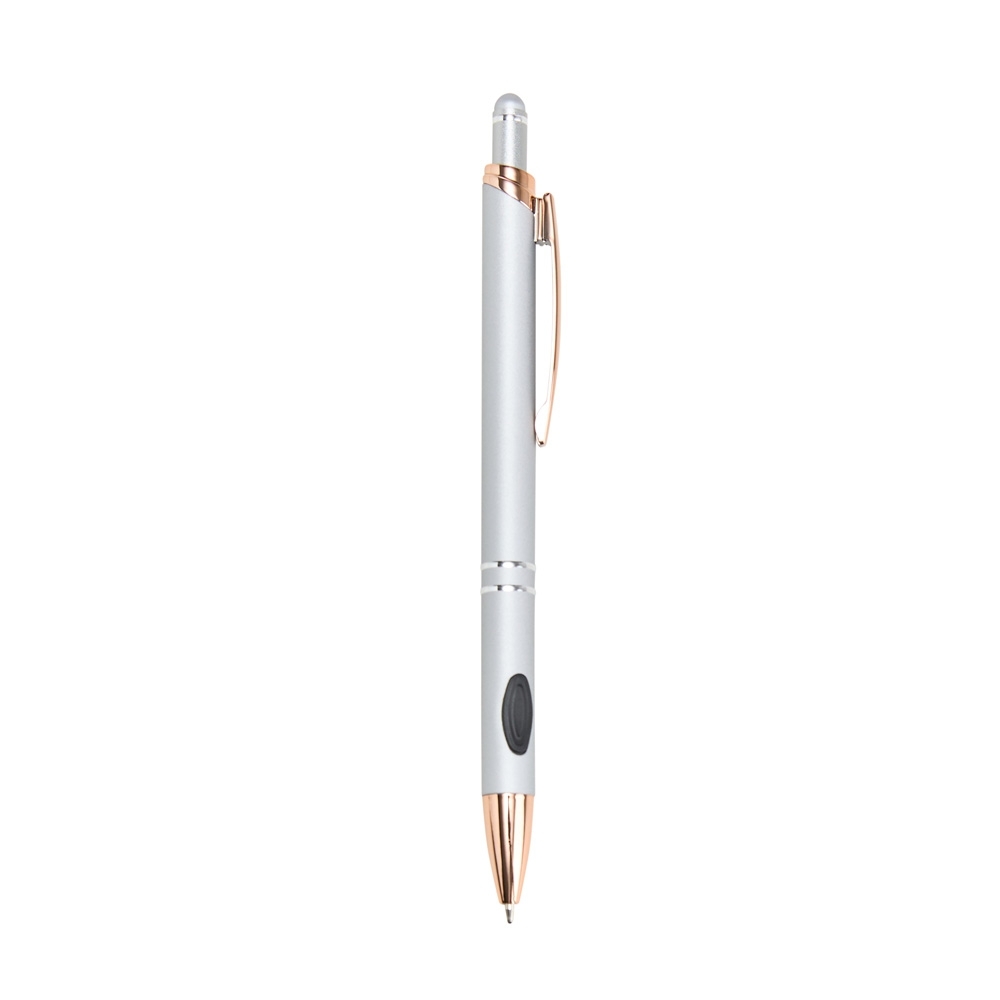 Caneta de metal touch com detalhes de plástico personalizada com a logo da empresa, na cor prata / cobre
