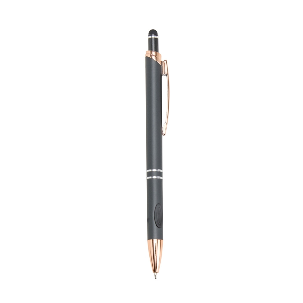Caneta de metal touch com detalhes de plástico na cor Preto, personalizada com a logo da empresa