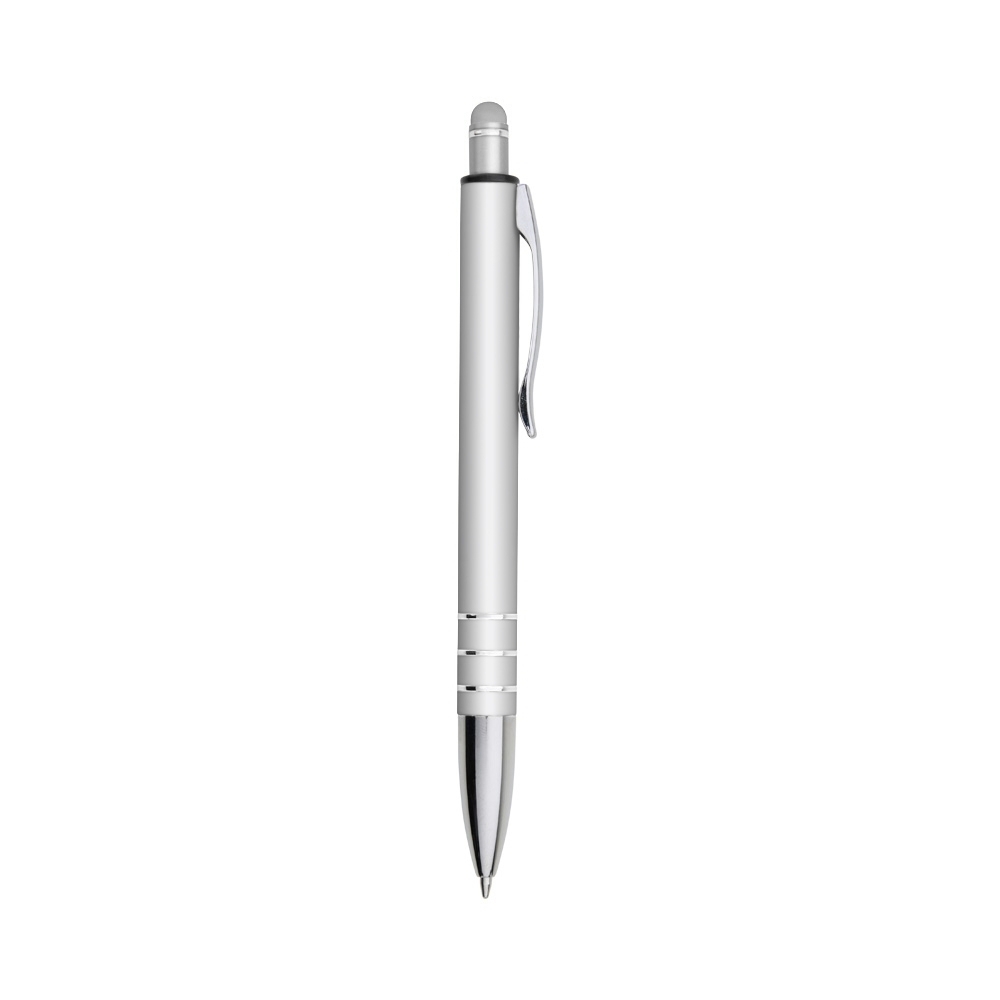 Caneta de metal emborrachada com touch personalizada com a logo da empresa, na cor prata