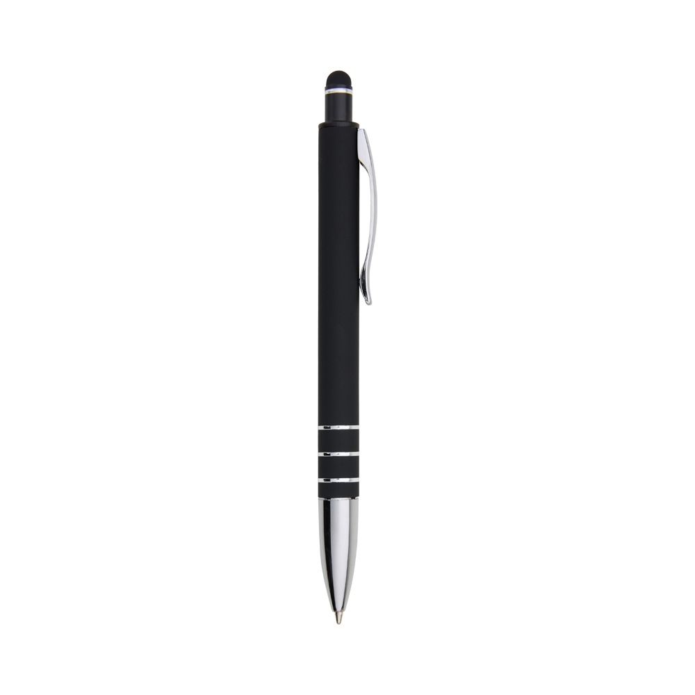 Caneta de metal emborrachada com touch na cor Preto / Prata, personalizada com a logo da empresa