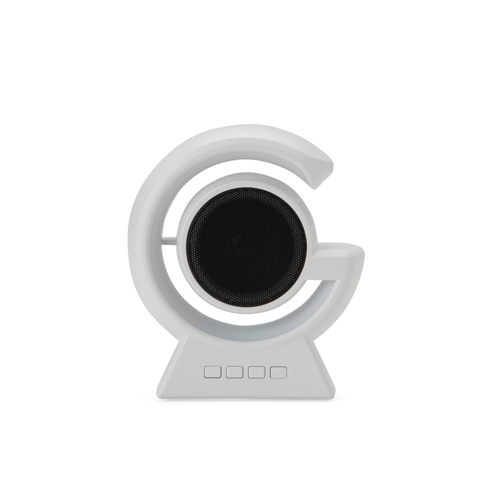 Caixa de som de metal com luminária na cor Branco, personalizada com a logo da empresa