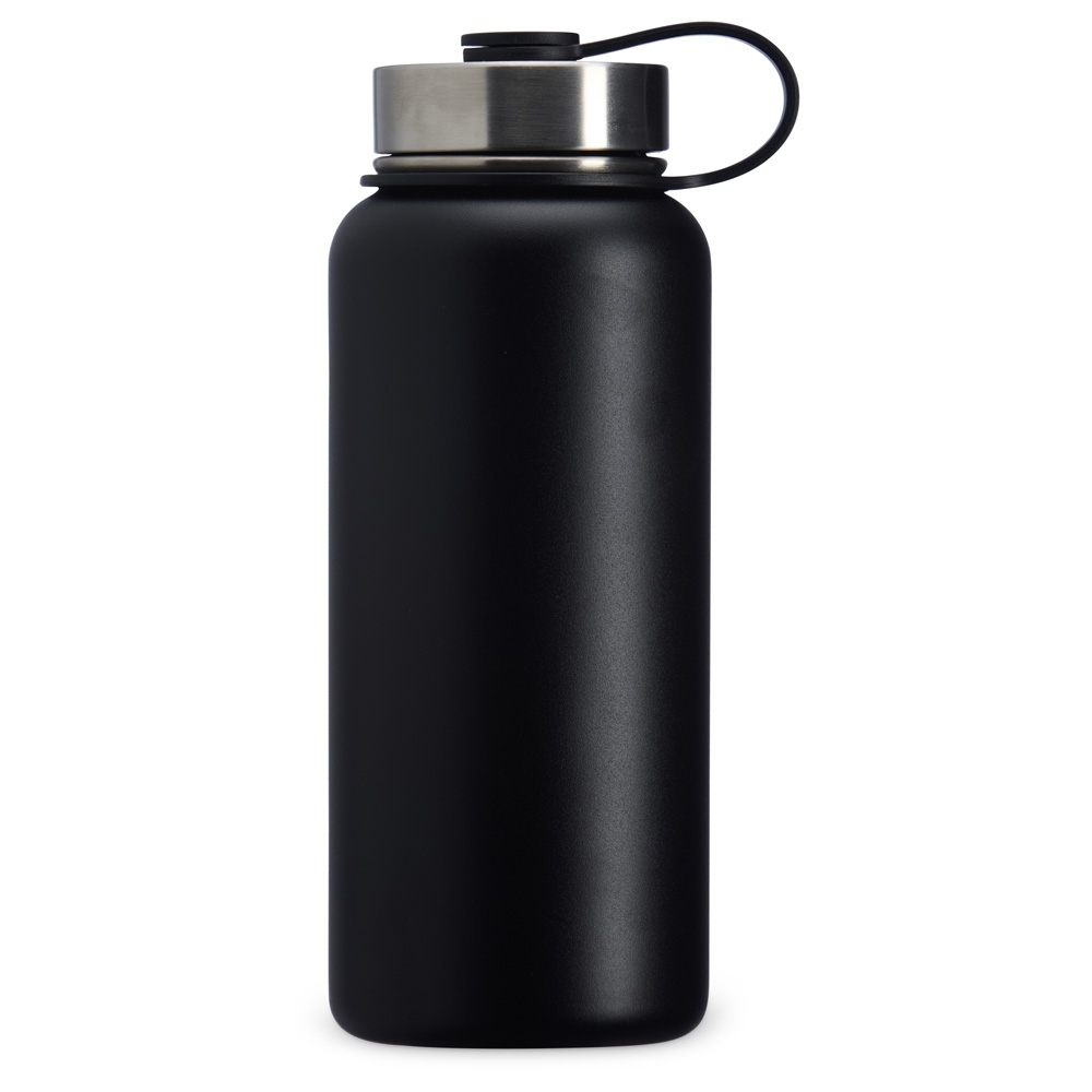 Garrafa térmica inox 950 ml com tampa de inox e alça de argola na cor Preto, personalizada com a logo da empresa