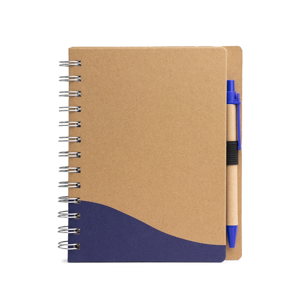 Bloco de anotações pautado com caneta e 70 folhas na cor Bege / Azul, personalizado com a logo da empresa