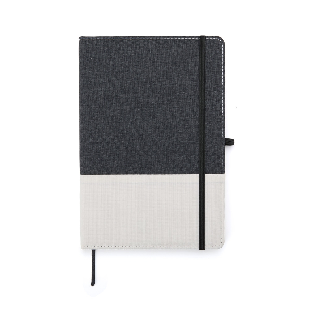 Caderno A5 poliéster com 96 folhas personalizado com a logo da empresa, na cor bege / preto