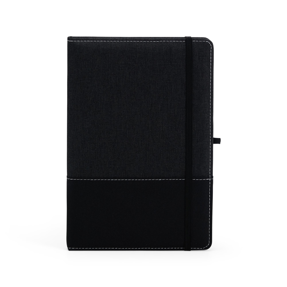 Caderno A5 poliéster com 96 folhas na cor Preto, personalizado com a logo da empresa