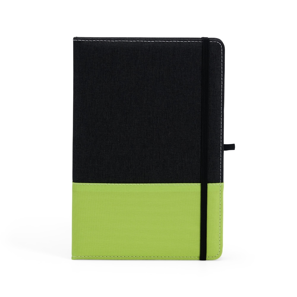 Caderno A5 poliéster com 96 folhas personalizado com a logo da empresa, na cor verde / preto
