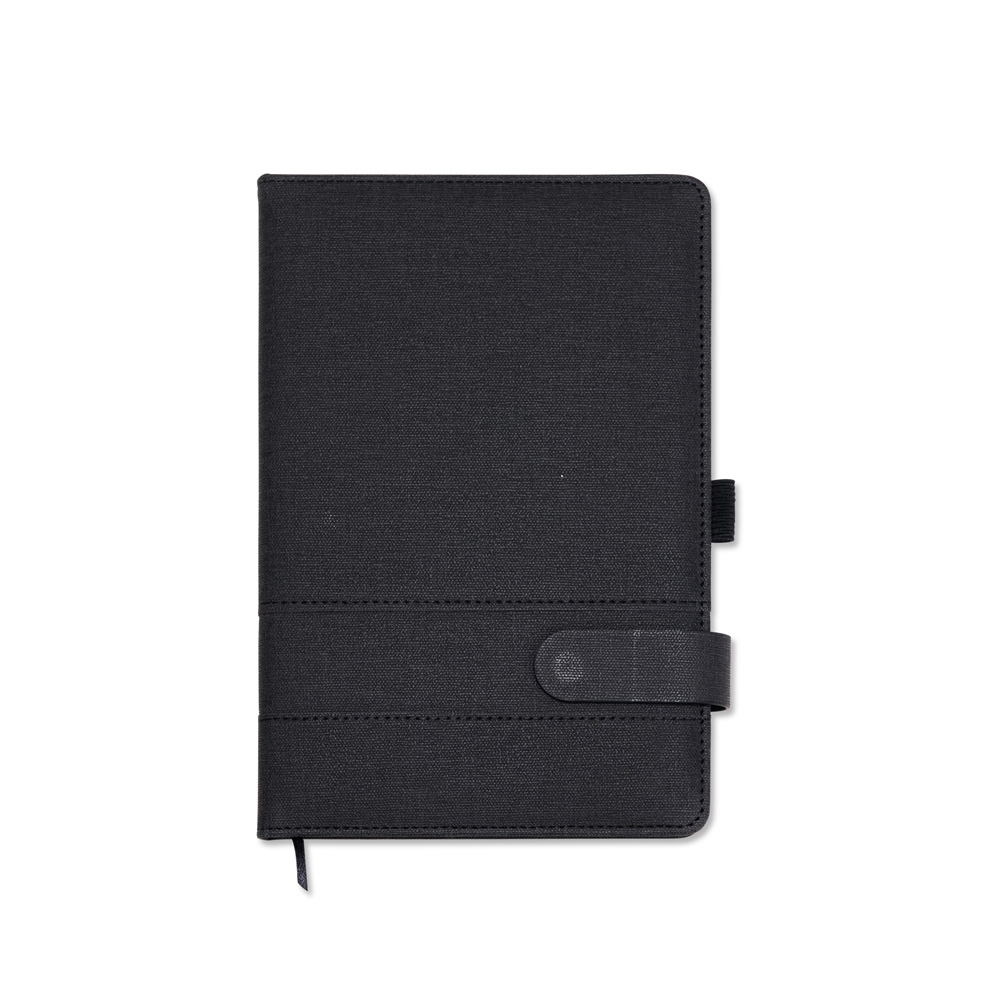 Caderneta A5 em PU com 94 folhas na cor Preto, personalizada com a logo da empresa