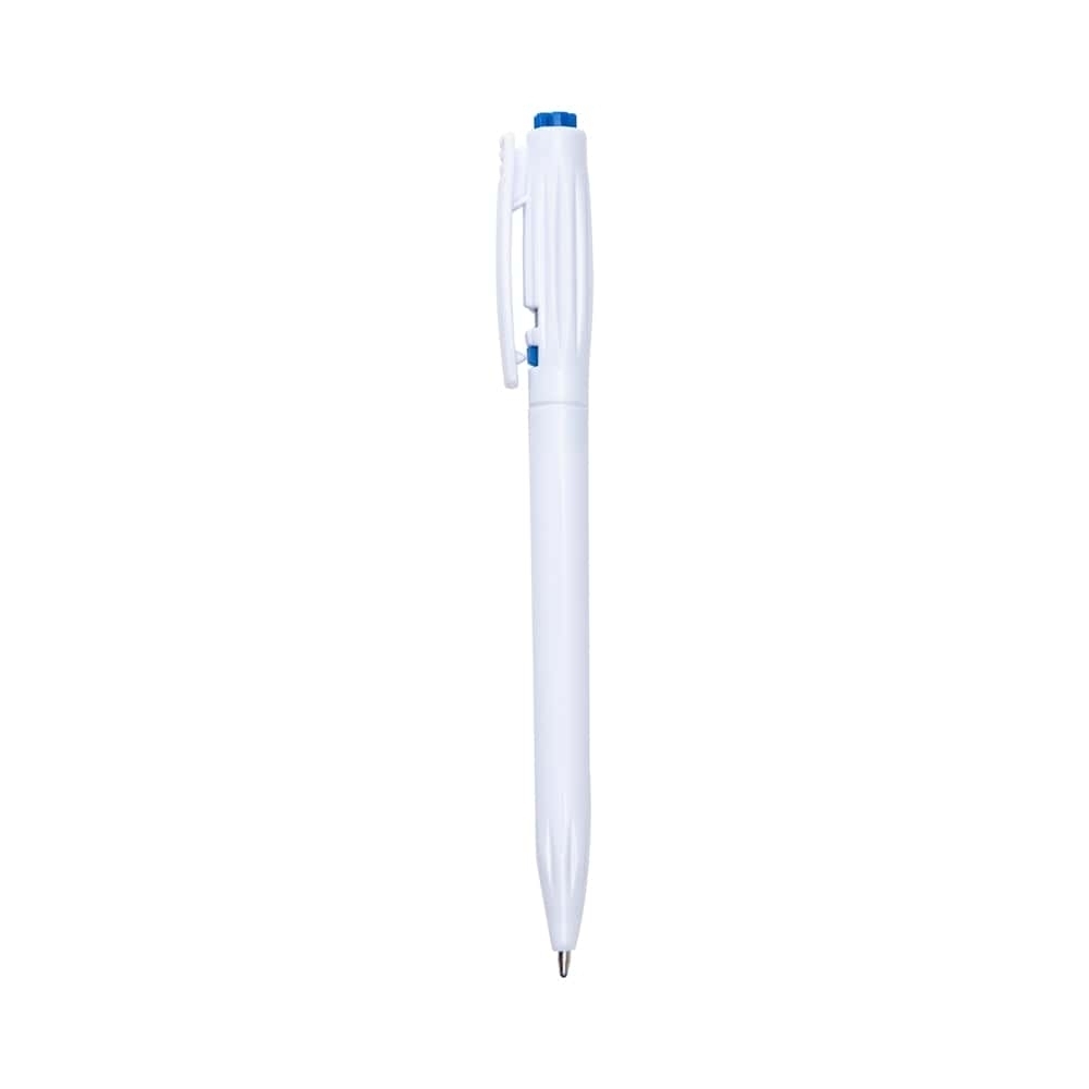 Caneta plástica com tinta preta, corpo branco e destrave no clipe