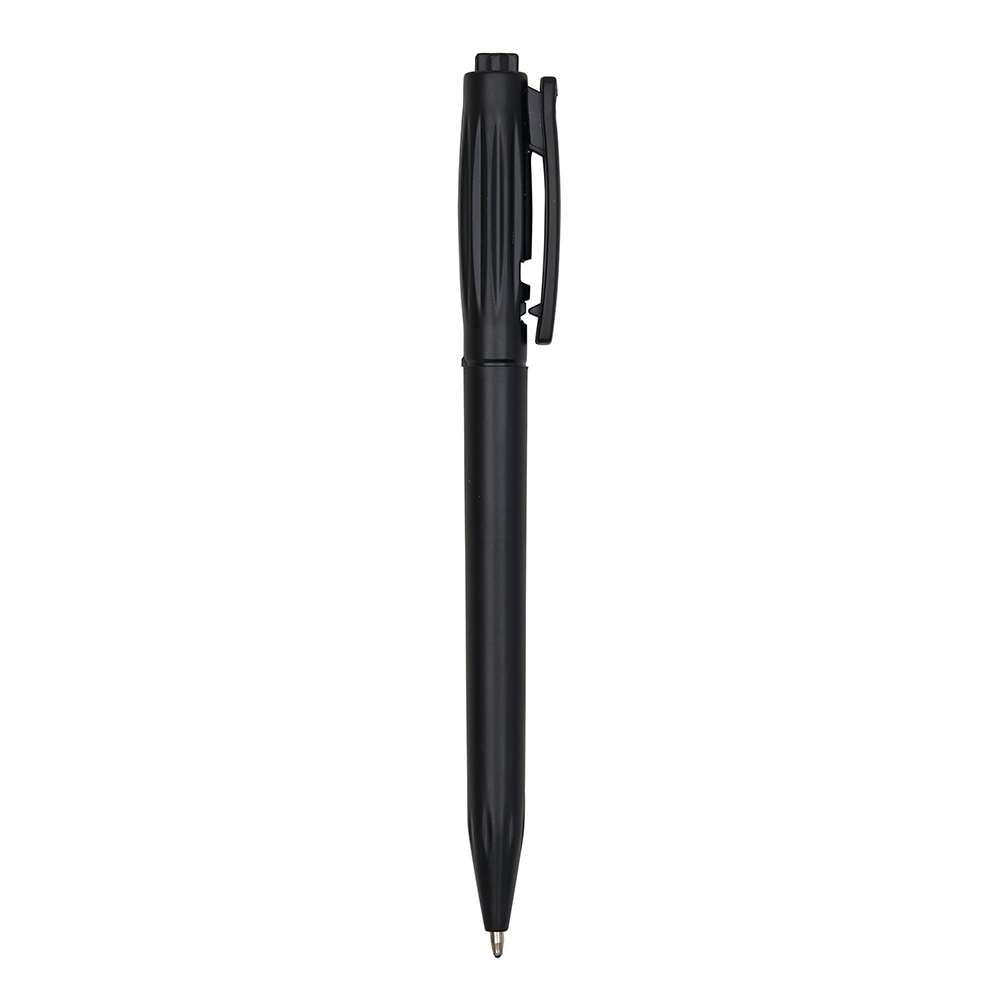 Caneta plástica fosca com tinta preta e destrave no clipe na cor Preto, personalizada com a logo da empresa