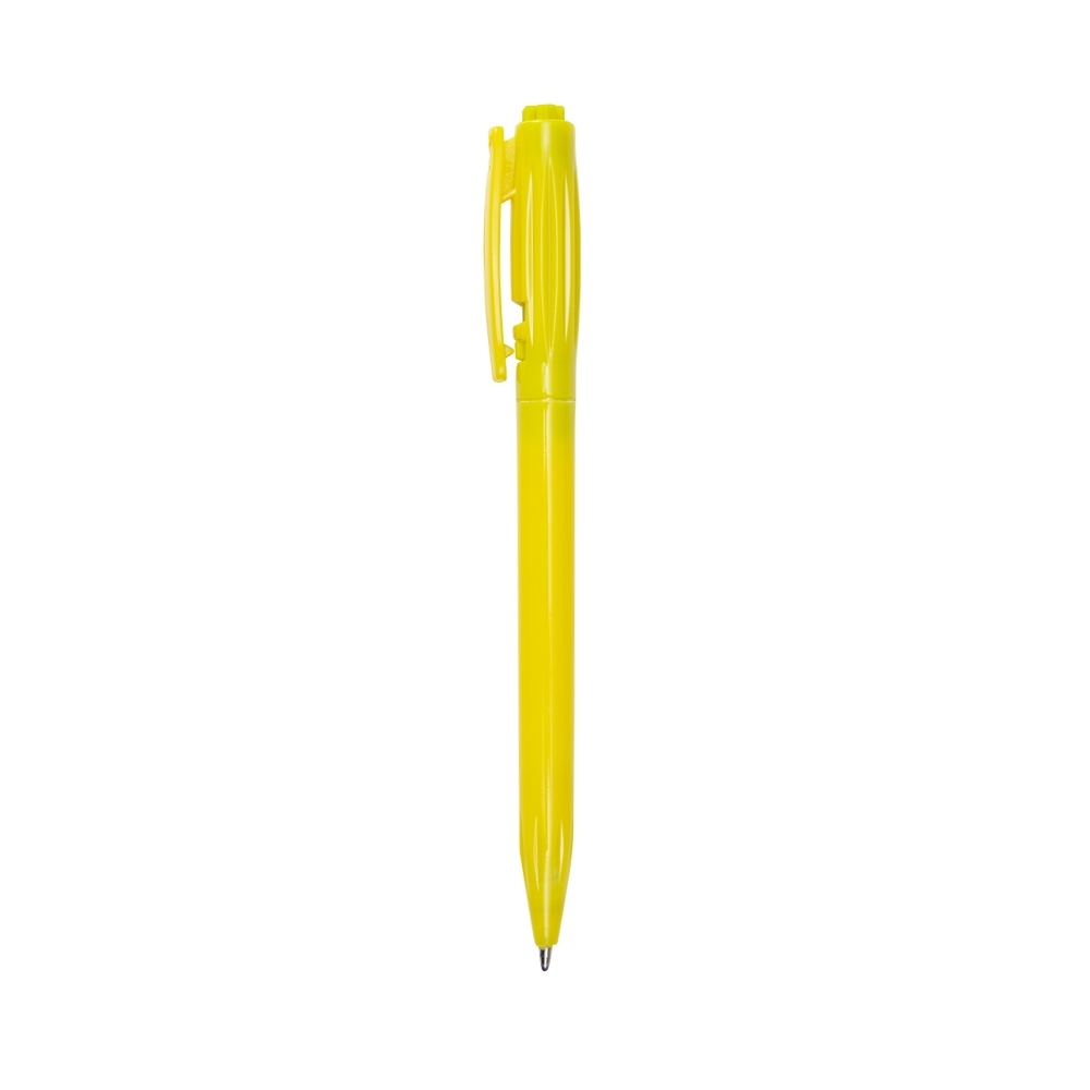 Caneta plástica leitosa translúcida personalizada com a logo da empresa, na cor amarelo