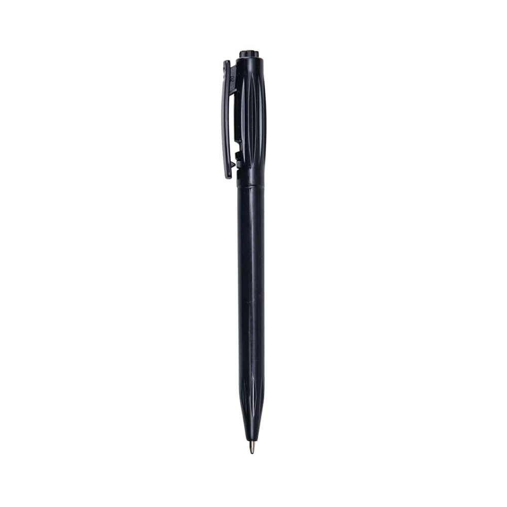 Caneta plástica leitosa translúcida na cor Preto, personalizada com a logo da empresa