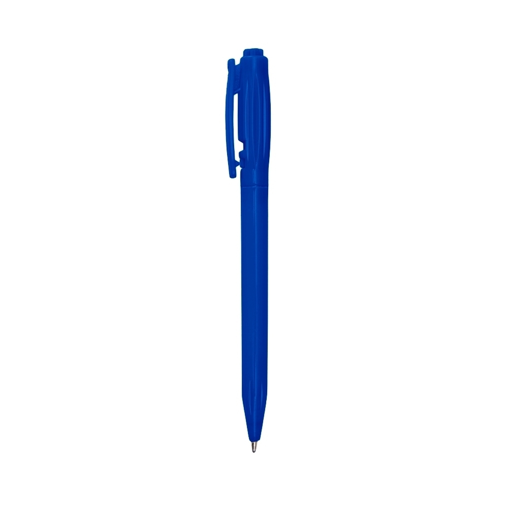 Caneta plástica leitosa com tinta preta e destrave no clipe na cor Azul, personalizada com a logo da empresa