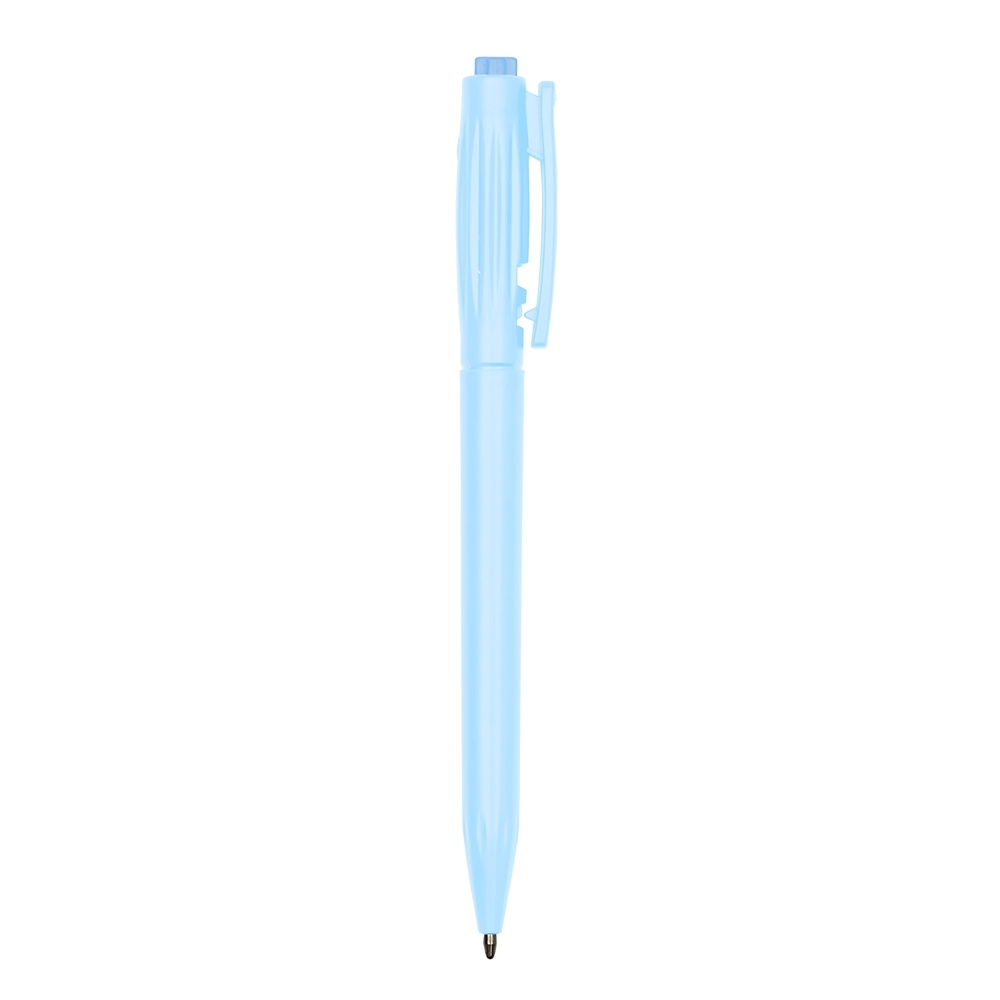 Caneta plástica com acionamento no clipe e detalhes em relevo na cor Azul, personalizada com a logo da empresa