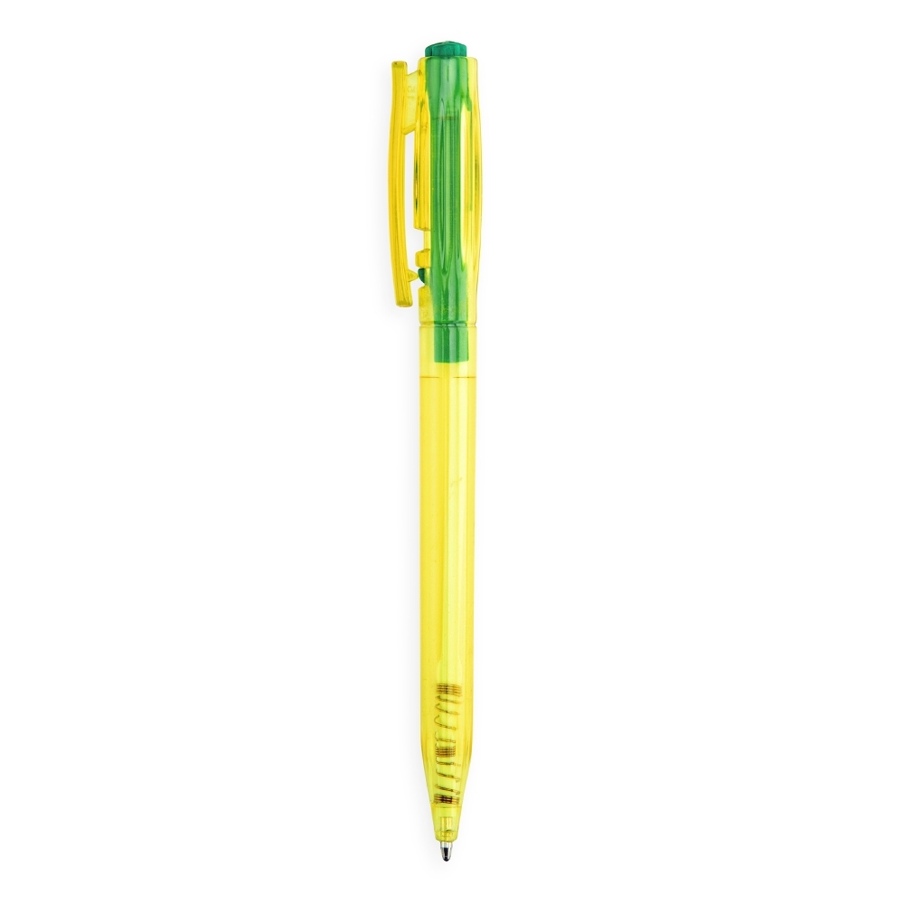 Caneta plástica translúcida com destrave no clipe personalizada com a logo da empresa, na cor amarelo / verde