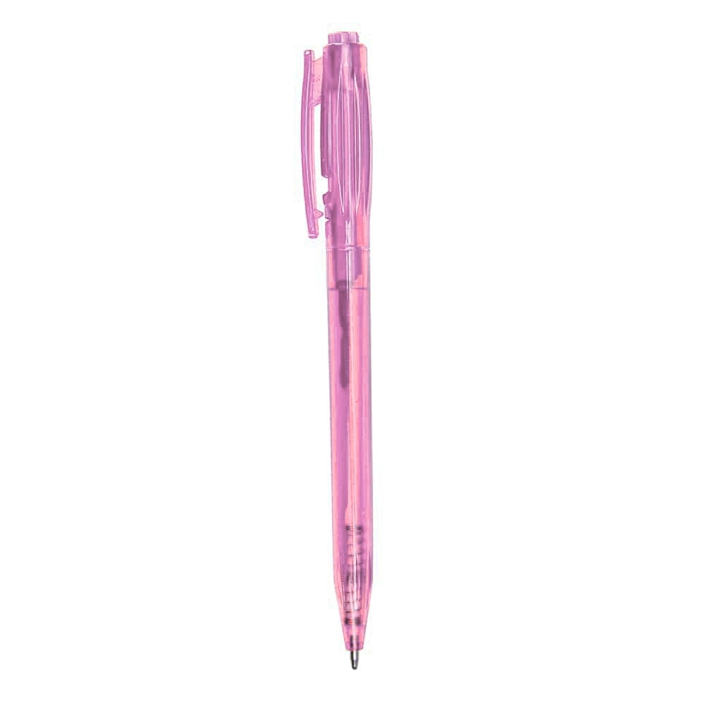 Caneta plástica translúcida com destrave no clipe personalizada com a logo da empresa, na cor rosa