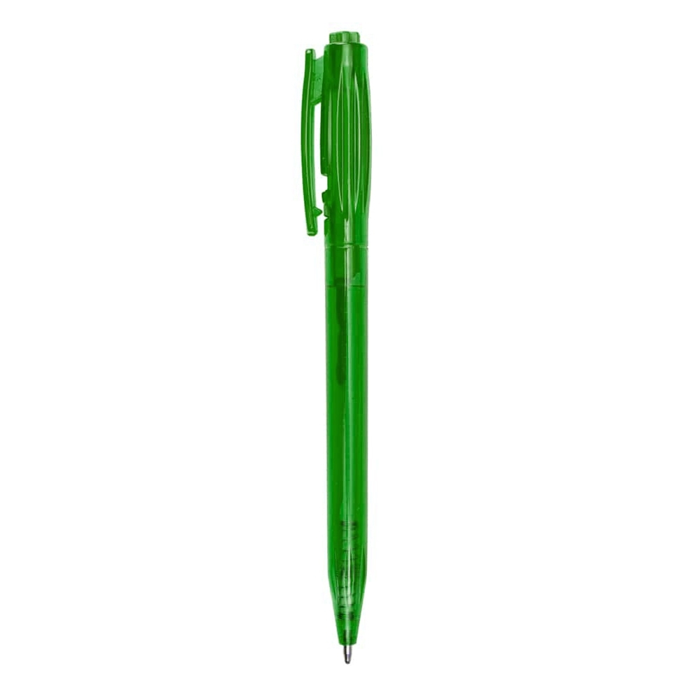 Caneta plástica translúcida com destrave no clipe personalizada com a logo da empresa, na cor verde