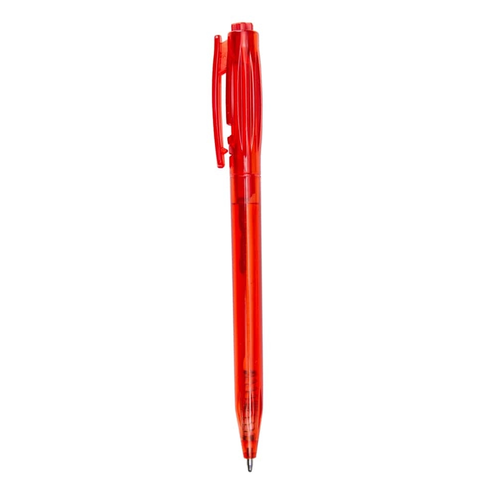 Caneta plástica translúcida com destrave no clipe personalizada com a logo da empresa, na cor vermelho