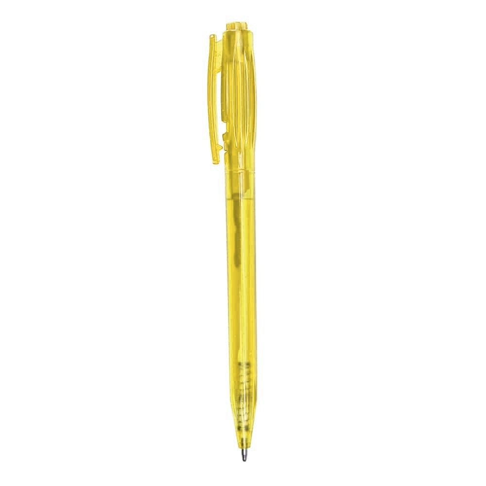 Caneta plástica translúcida com tinta preta personalizada com a logo da empresa, na cor amarelo