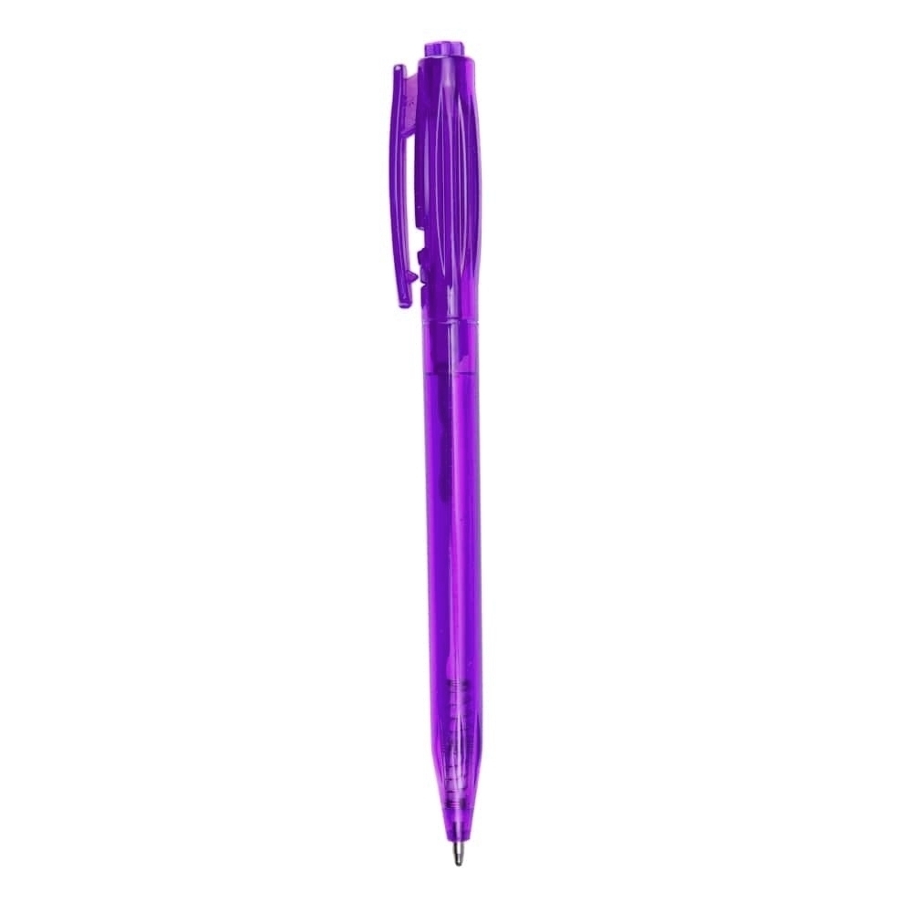 Caneta plástica translúcida com tinta preta personalizada com a logo da empresa, na cor roxo