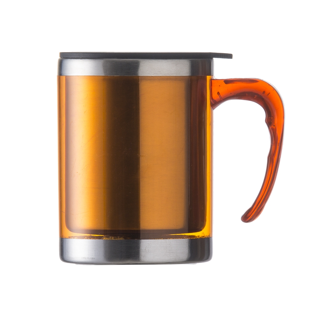 Caneca acrílica 400 ml com tampa personalizada com a logo da empresa, na cor laranja / inox