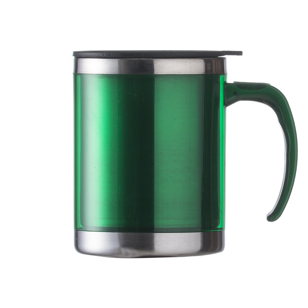 Caneca acrílica 400 ml com tampa personalizada com a logo da empresa, na cor verde / inox