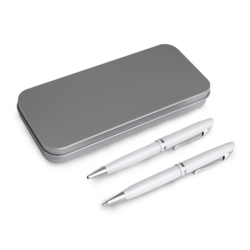 Conjunto caneta e lapiseira de metal brilhantes em estojo de metal personalizado com a logo da empresa, na cor branco