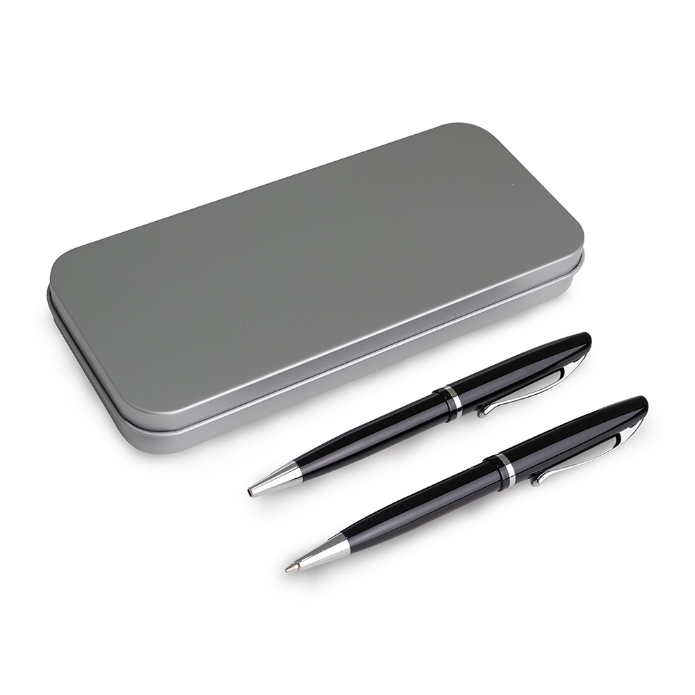 Conjunto caneta e lapiseira de metal brilhantes em estojo de metal na cor Preto, personalizado com a logo da empresa