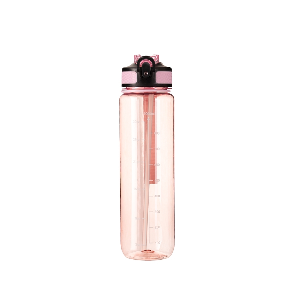 Squeeze plástico 1,05 litro com tampa de botão sem BPA personalizado com a logo da empresa, na cor rosa