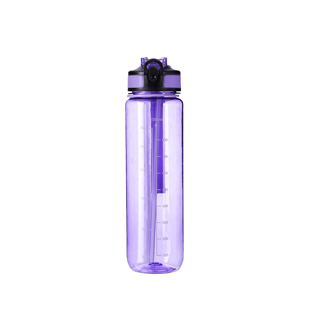 Squeeze plástico 1,05 litro com tampa de botão sem BPA personalizado com a logo da empresa, na cor roxo