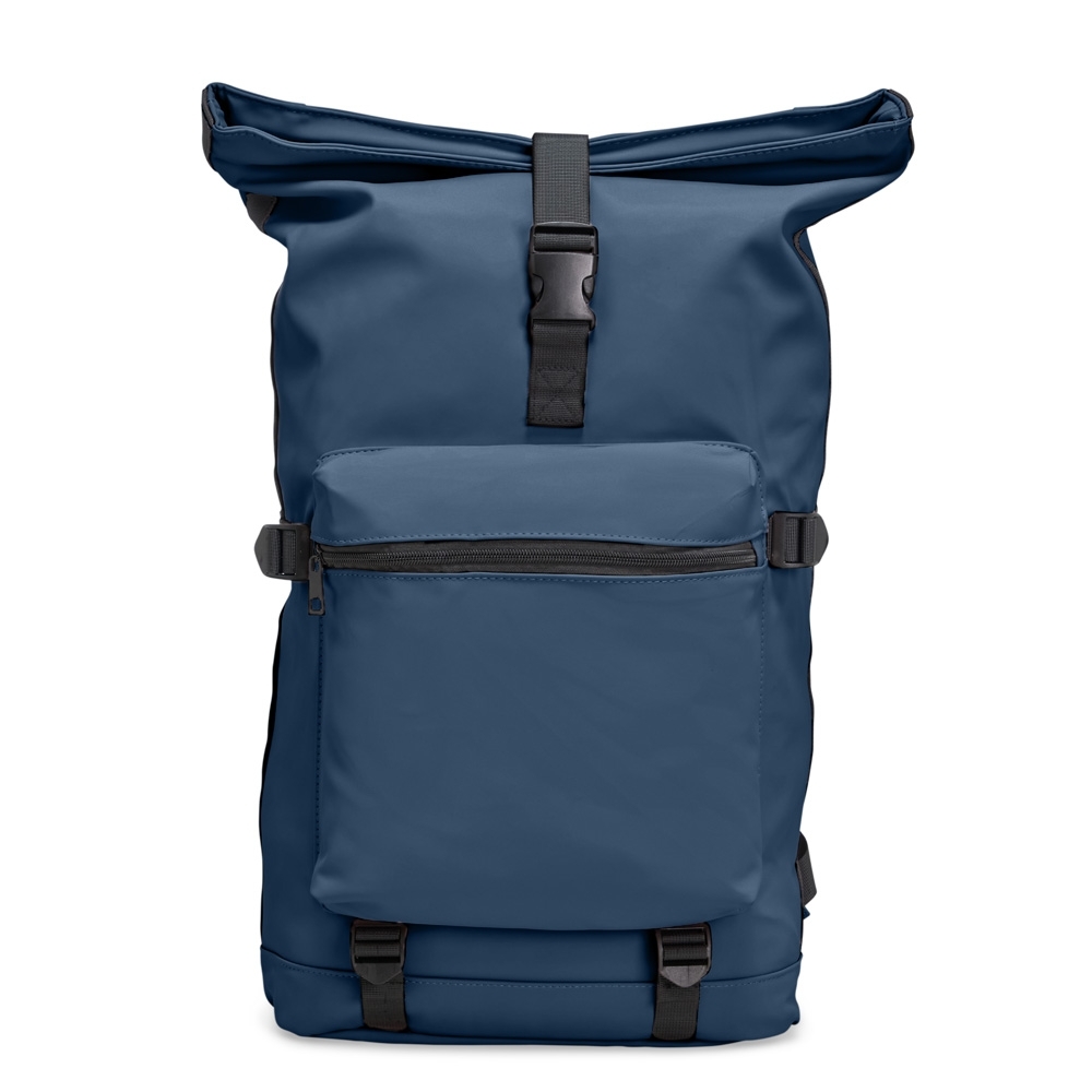 Mochila de couro sintético 41 litros para notebook personalizada com a logo da empresa, na cor azul