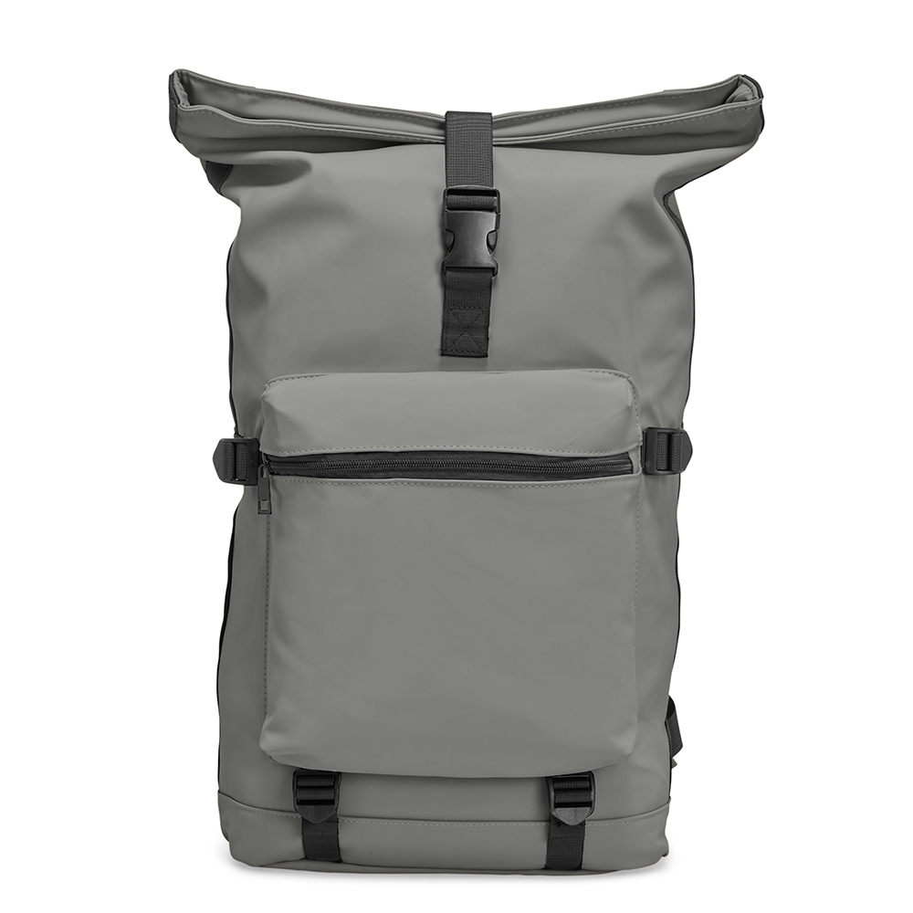 Mochila de couro sintético 41 litros para notebook personalizada com a logo da empresa, na cor cinza claro