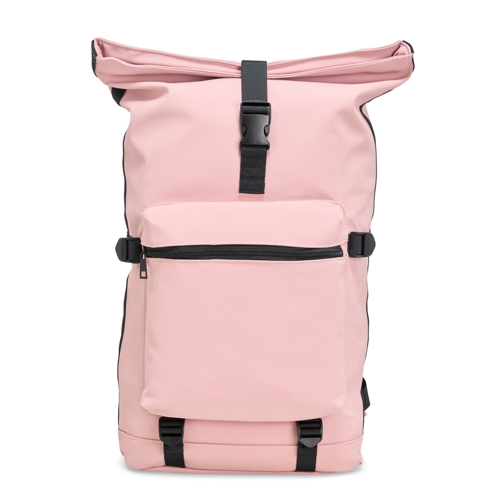 Mochila de couro sintético 41 litros para notebook personalizada com a logo da empresa, na cor rosa