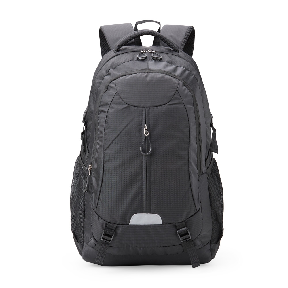 Mochila de nylon 40 litros para notebook com 3 compartimentos na cor Preto, personalizada com a logo da empresa