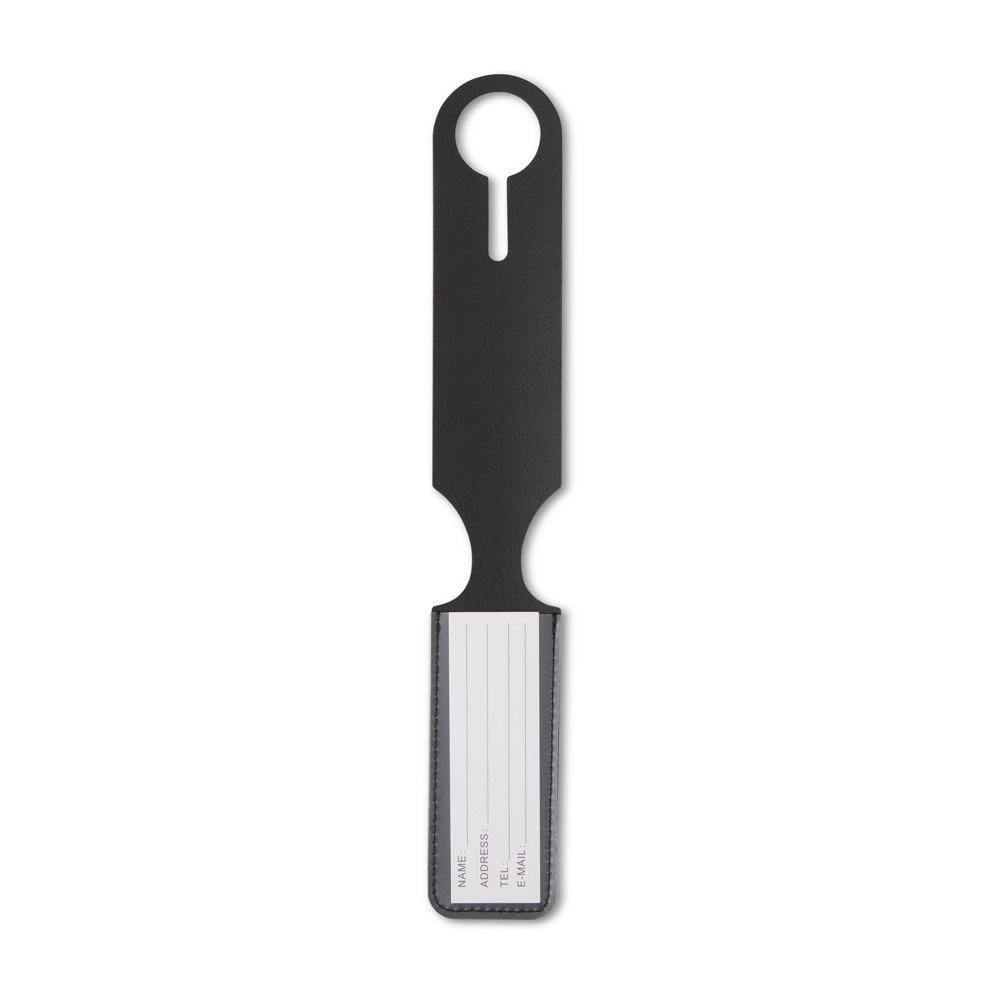 Identificador de bagagem de couro sintético na cor Preto, com a logo da empresa