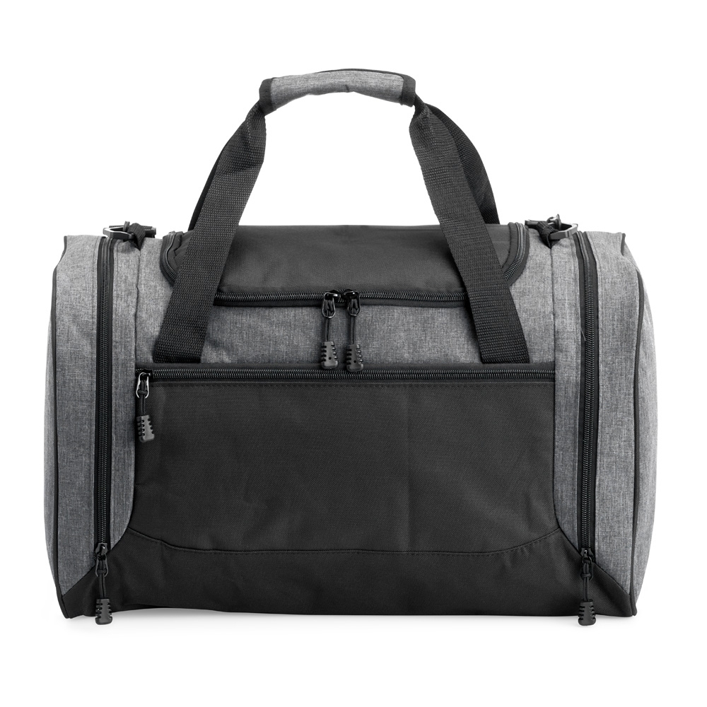 Bolsa esportiva 46 litros de nylon com 4 compartimentos na cor Cinza / Chumbo, personalizada com a logo da empresa
