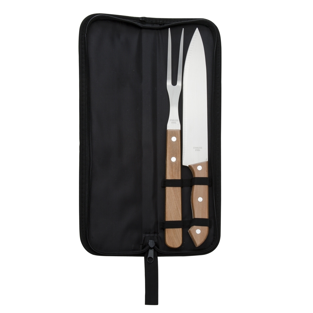 Kit churrasco no estojo com 2 peças na cor Madeira / Inox, personalizado com a logo da empresa