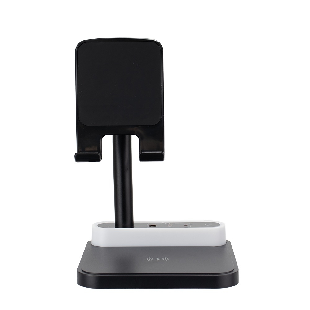 Base de carregamento de plástico com suporte celular e luminária na cor Preto, personalizada com a logo da empresa