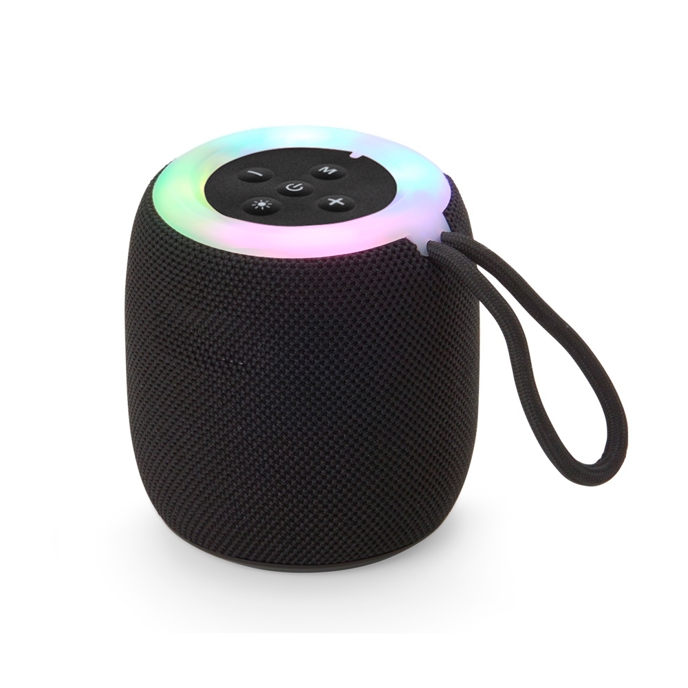 Caixa de som Bluetooth TWS com luzes LED na cor Preto, personalizada com a logo da empresa