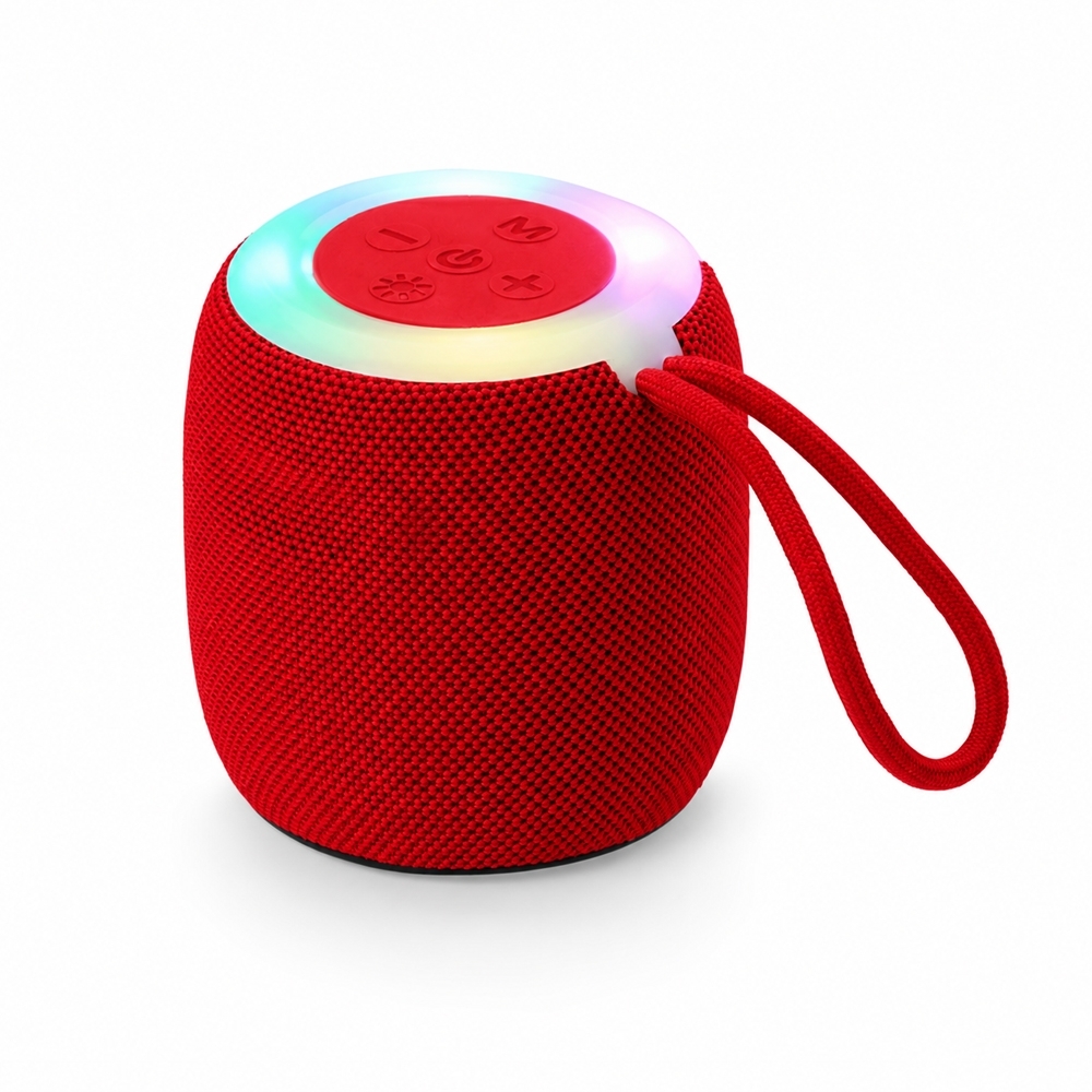 Caixa de som Bluetooth TWS com luzes LED personalizada com a logo da empresa, na cor vermelho