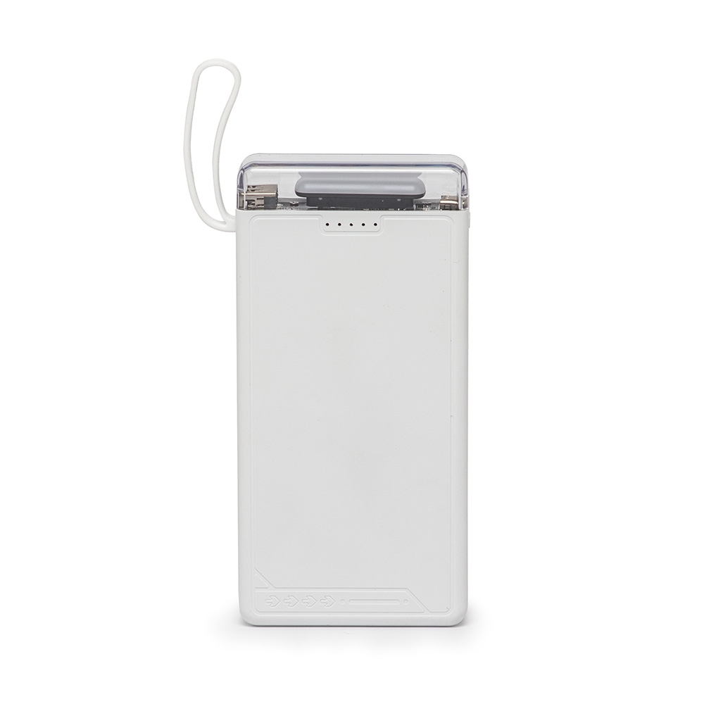 Power bank 10.000 mAh com lanterna e multissaídas na cor Branco, personalizado com a logo da empresa