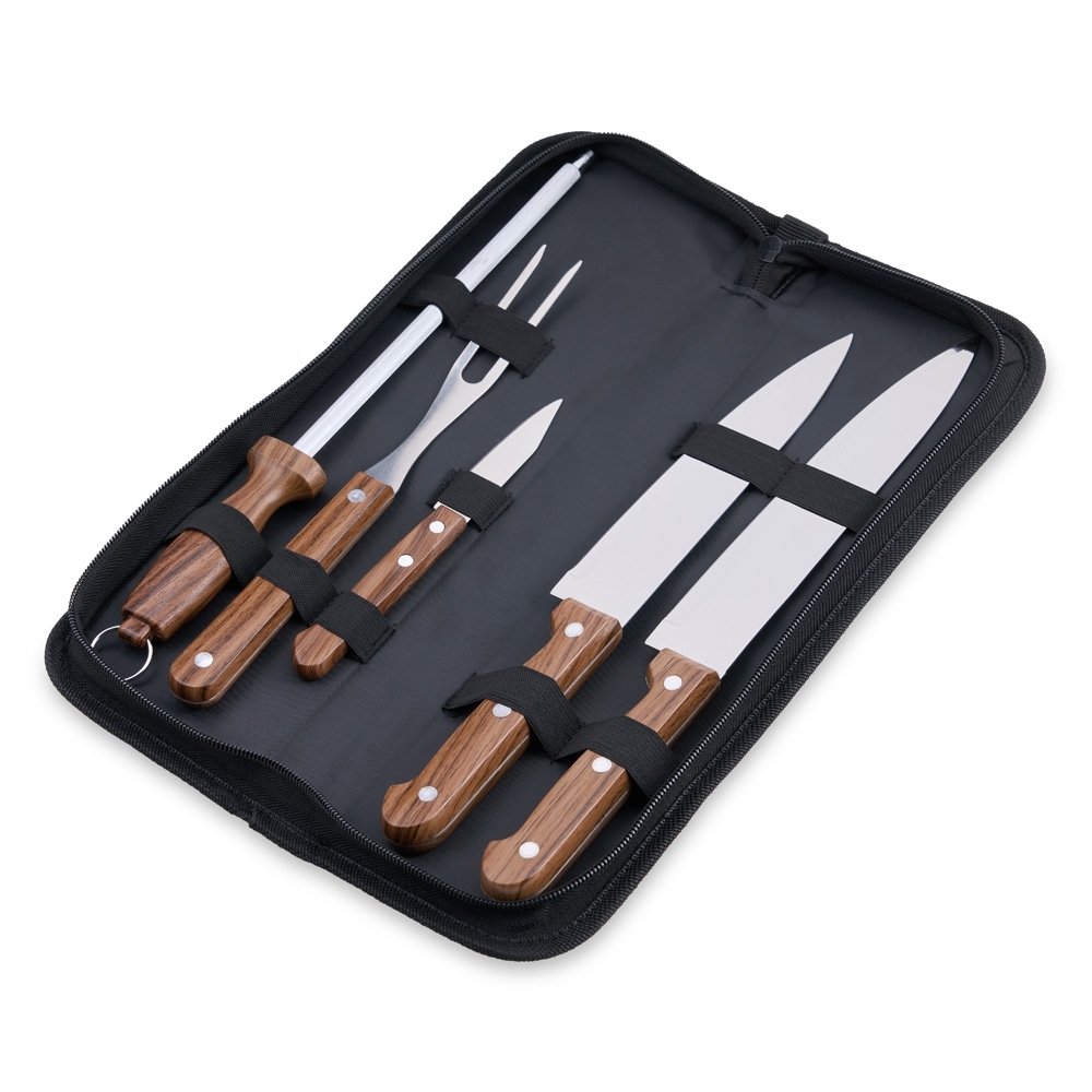 Kit churrasco 5 peças com 3 facas, garfo e chaira em estojo de nylon na cor Preto / Marrom, personalizado com a logo da empresa